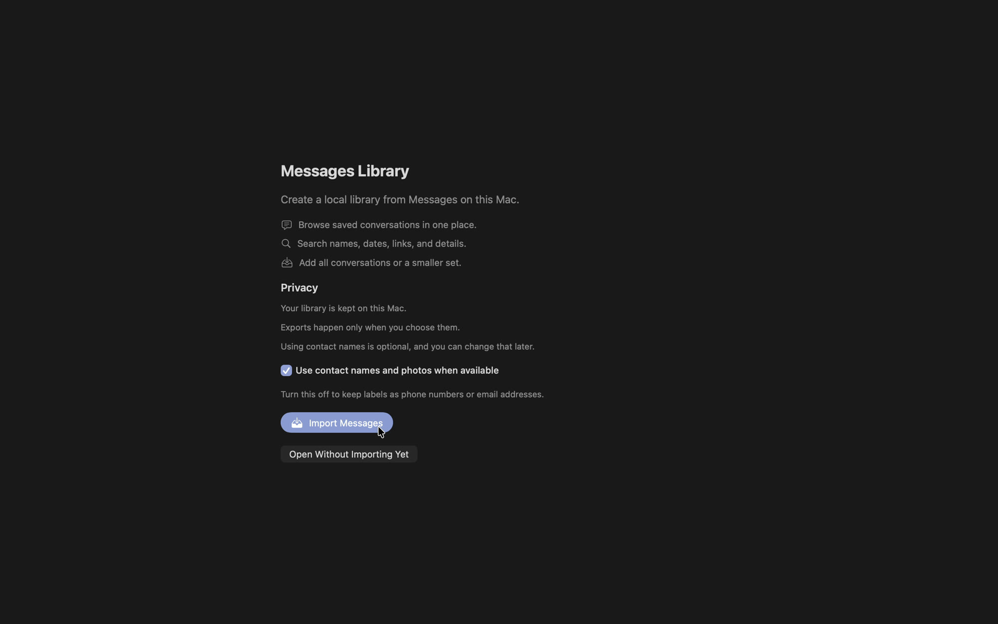 ThreadKeep onboarding screen explaining the library stays on your Mac and exports happen only when you choose