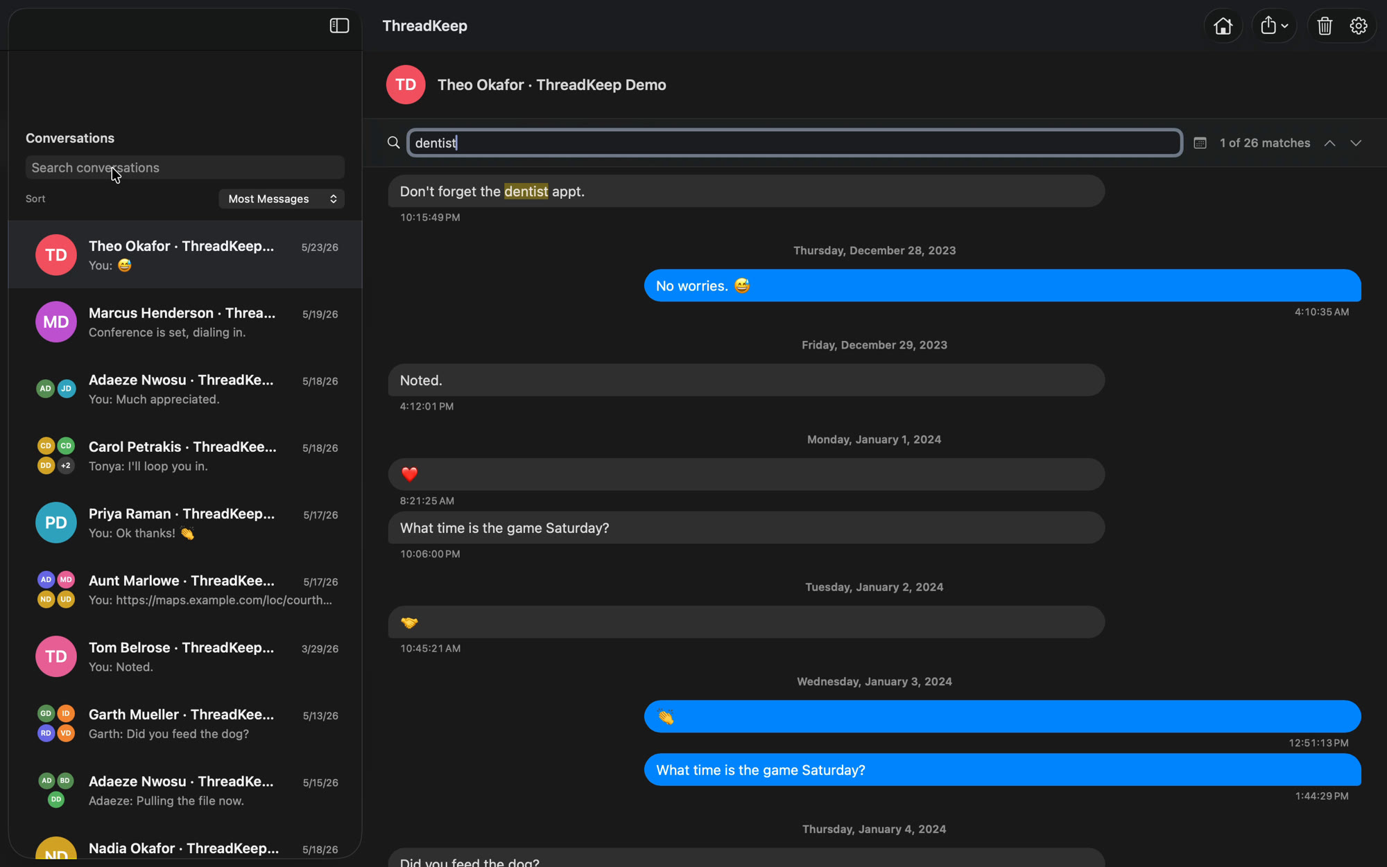 ThreadKeep main window — conversation list, an open thread, and live search across messages