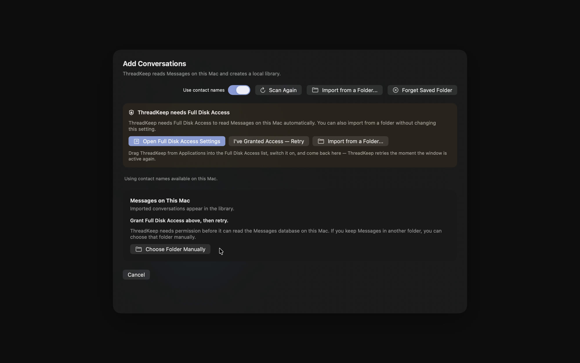 The Add Conversations sheet guiding the user through importing messages